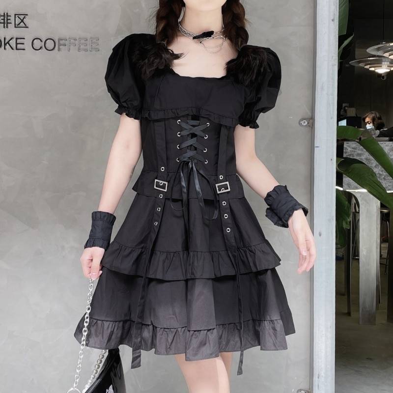 Y Demo Gothic Women Dress O Neck Short Sleeve High Waist Ruched Ruffles Lolita Strap Dresses Female Fashion Clothing 2020 