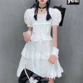 Y Demo Gothic Women Dress O Neck Short Sleeve High Waist Ruched Ruffles Lolita Strap Dresses Female Fashion Clothing 2020 color: White size: XS 