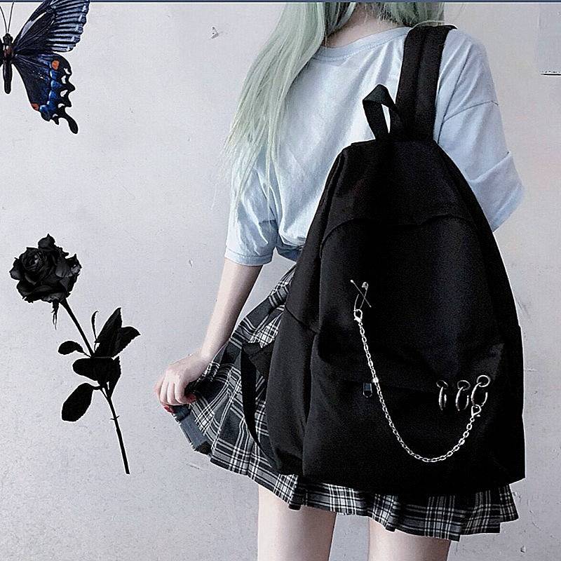 Y Demo Harajuku Punk Canvas Women Backpack Preppy Style Hollow Out Circles Chains Black Bag Techwear Tide 