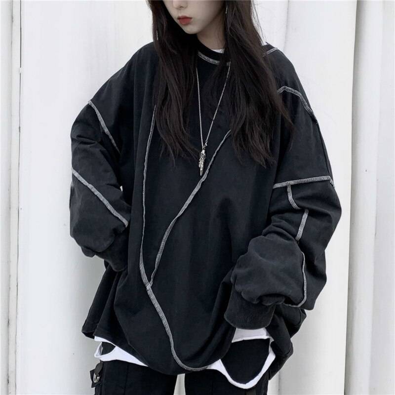 Y Demo Harajuku Streetwear Women Long Sleeve T-shirt Casual O-neck Irregular Patchwork Sweatshirt Oversized Fleece color: black size: M 