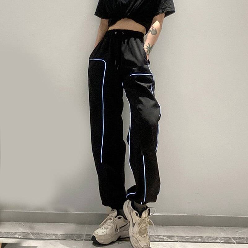 Zoki Women Reflective Sweatpants Spring Fashion Loose Cargo Hip Hop Pants Casual Black Streetwear Female Joggers Trousers 2021 