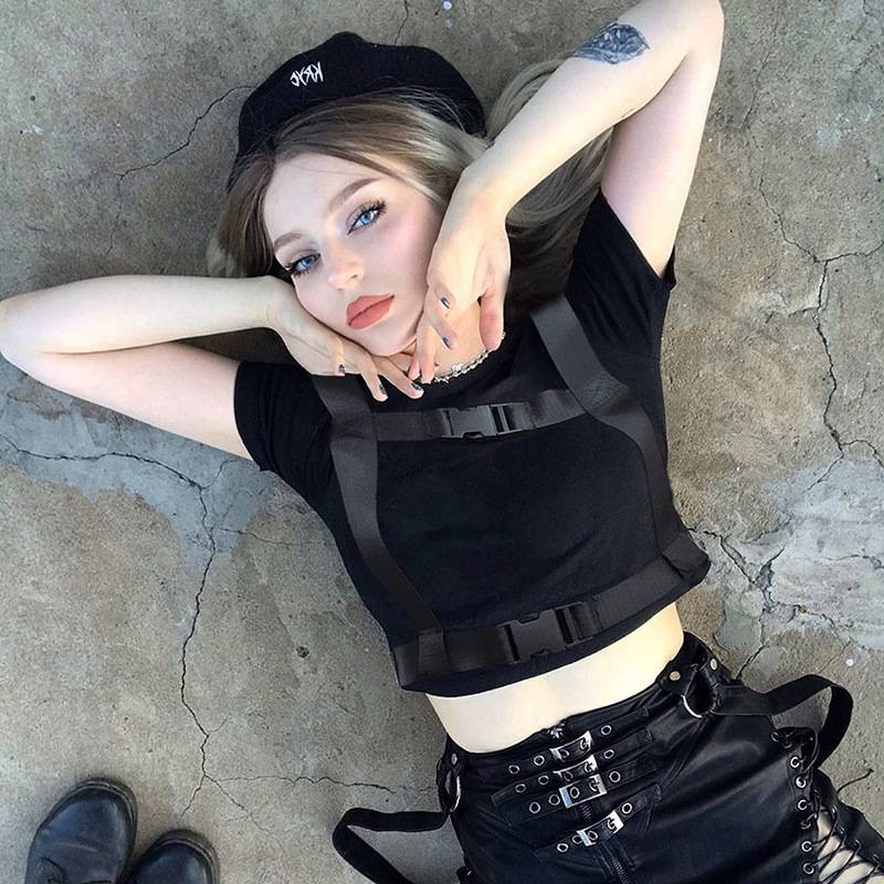 Black Harness Techwear Crop Top — Cropped silhouette