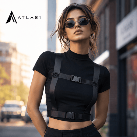 Crop Top Techwear Hitam dengan Harness