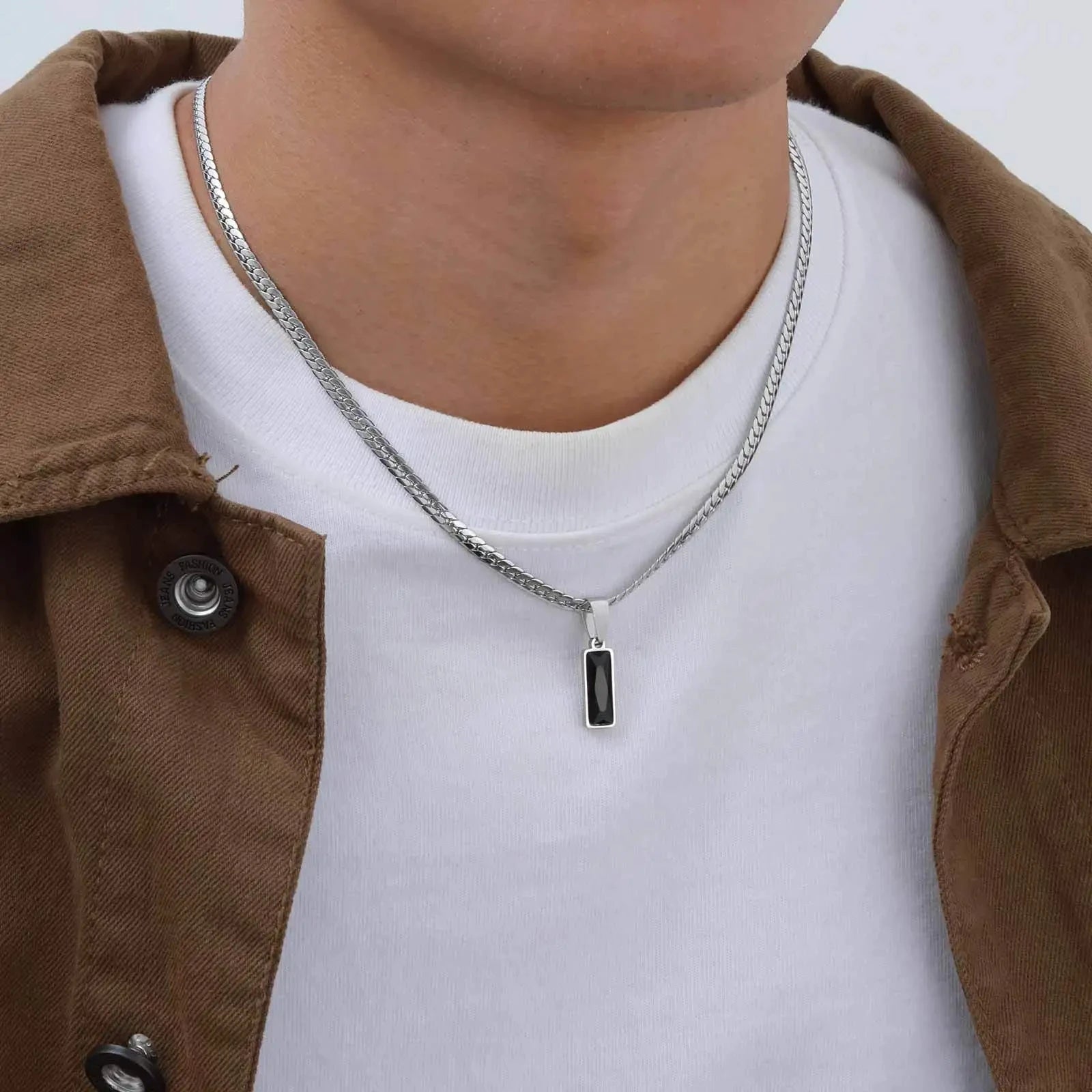 Black Square Stone Stainless Steel Cuban Chain Necklace - ATLAS 1