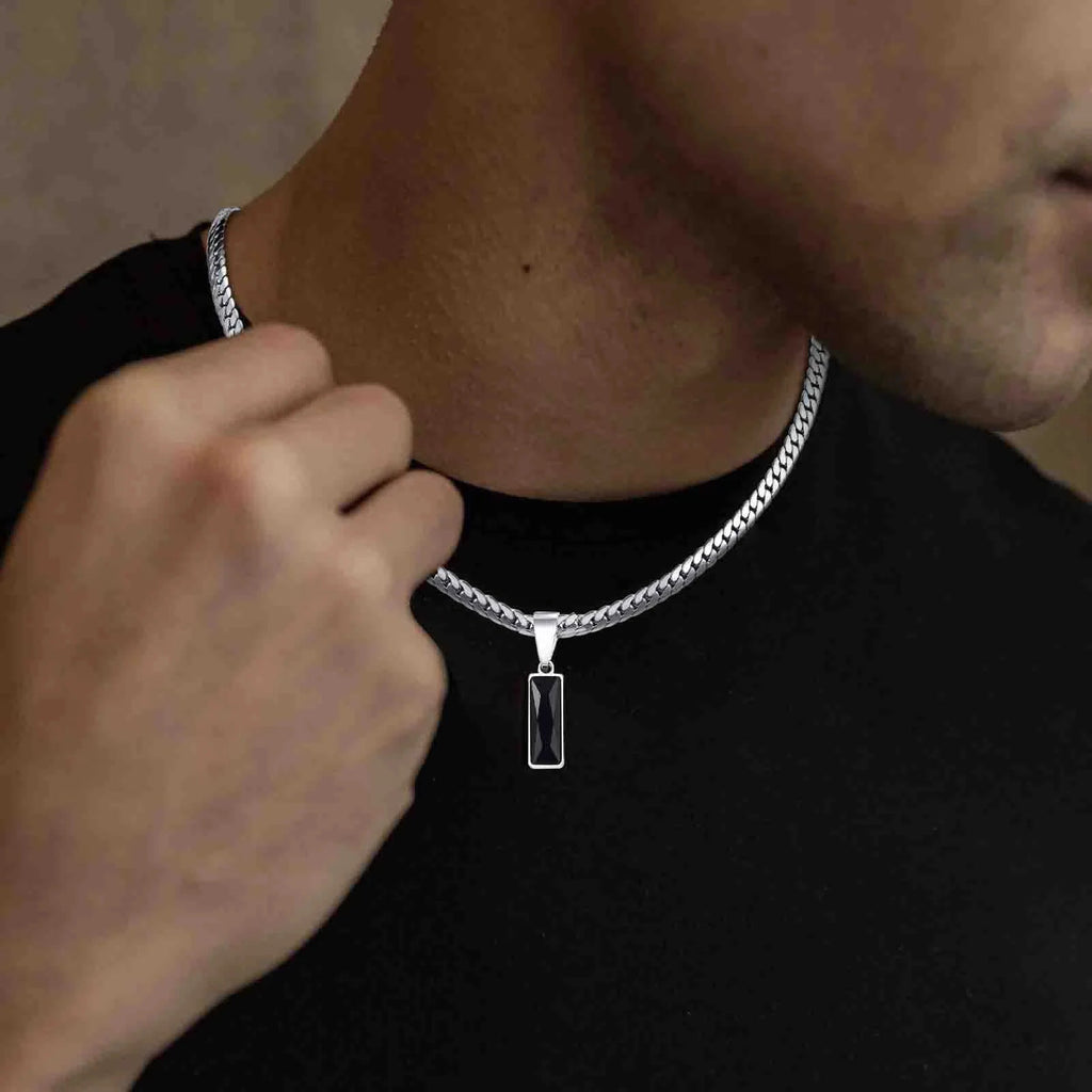 Black Square Stone Stainless Steel Cuban Chain Necklace - ATLAS 1