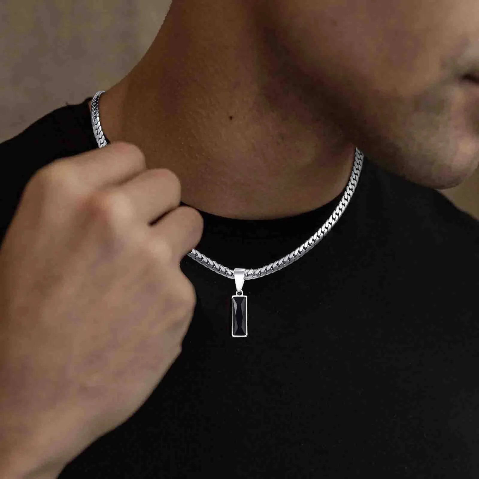 Black Square Stone Stainless Steel Cuban Chain Necklace - ATLAS 1