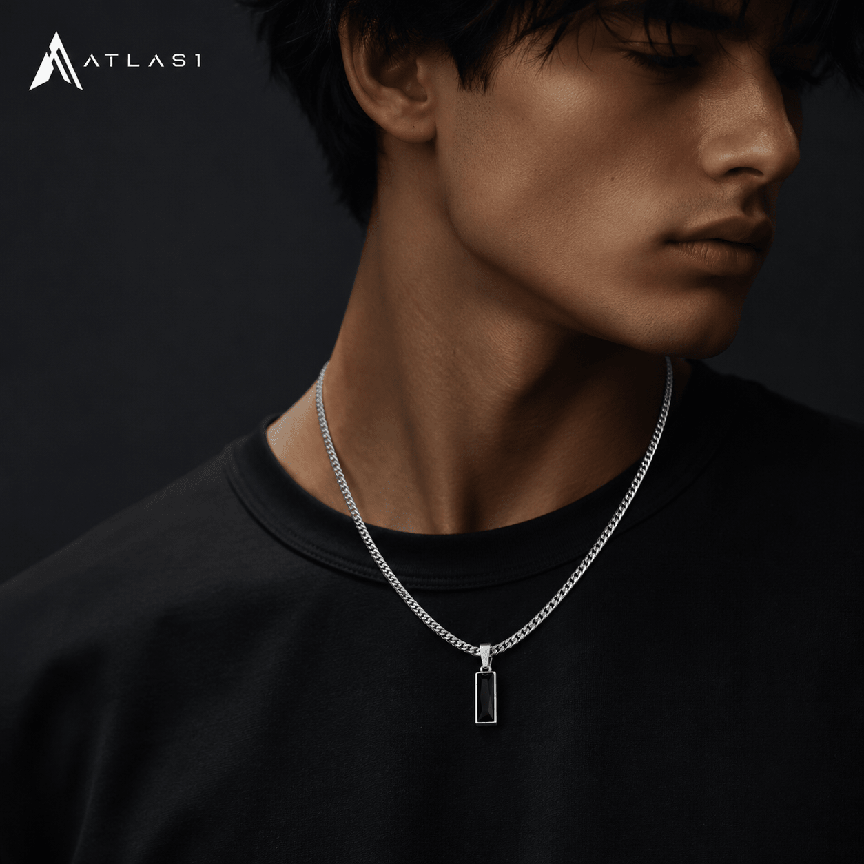 Black Square Stone Stainless Steel Cuban Chain Necklace - ATLAS 1