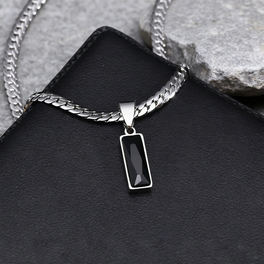 Black Square Stone Stainless Steel Cuban Chain Necklace - ATLAS 1