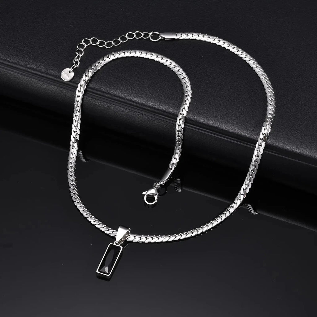 Black Square Stone Stainless Steel Cuban Chain Necklace - ATLAS 1
