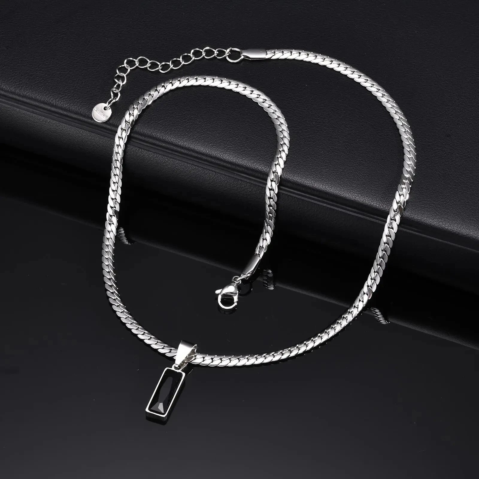 Black Square Stone Stainless Steel Cuban Chain Necklace - ATLAS 1