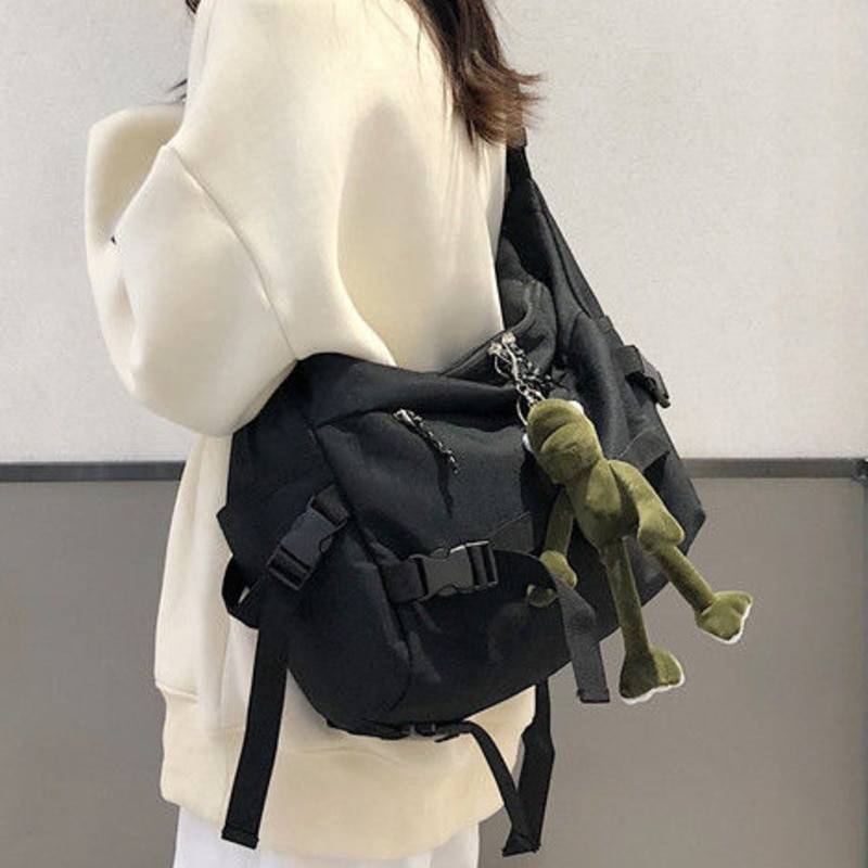 Canvas Tactical Straps Techwear Crossbody Bag with Chain — Distinctive strap details