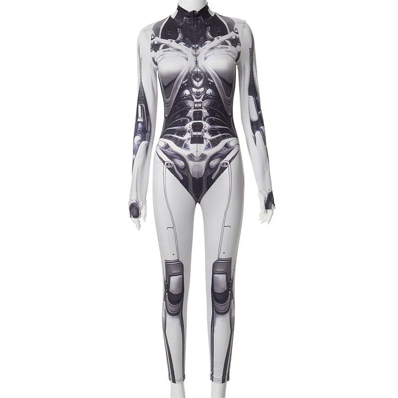 Futuristic Cyberpunk Bodycon Jumpsuit — Statement graphic motif