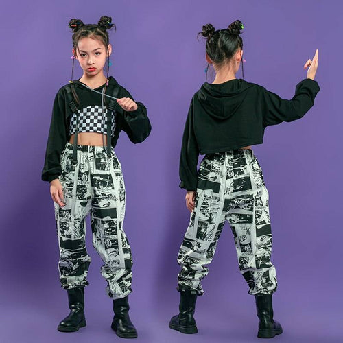 Girl's Manga Print Techwear Crop Top and Jogger Pants Set