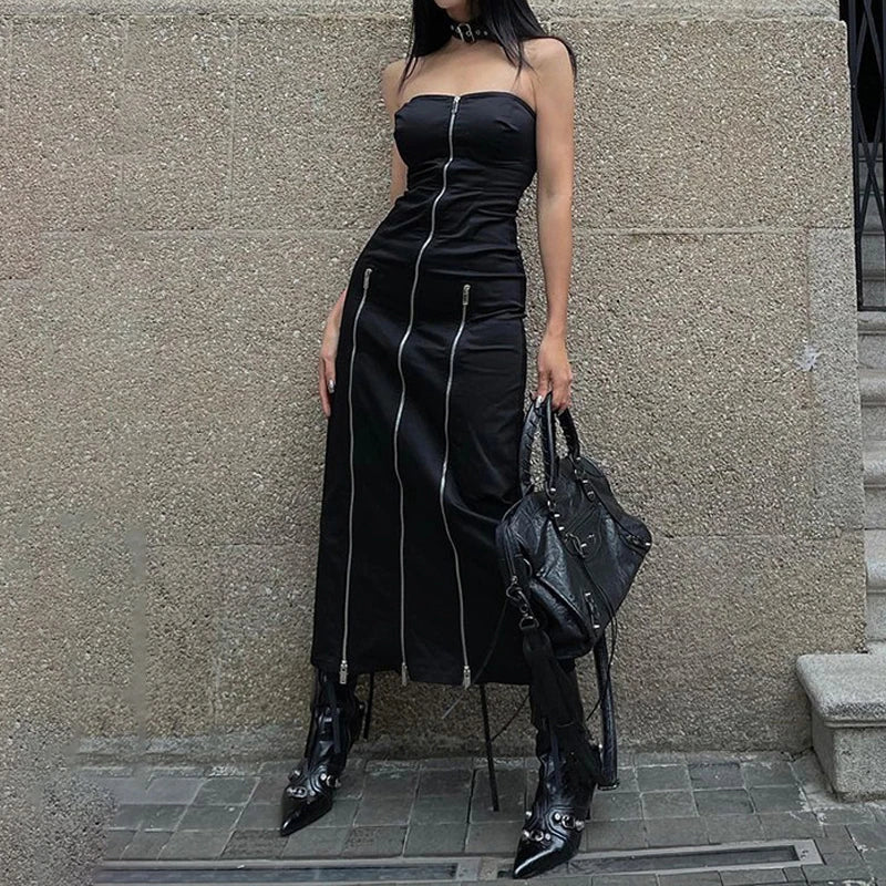 Goth Dark Techwear Zip Up Midi Dress - ATLAS 1
