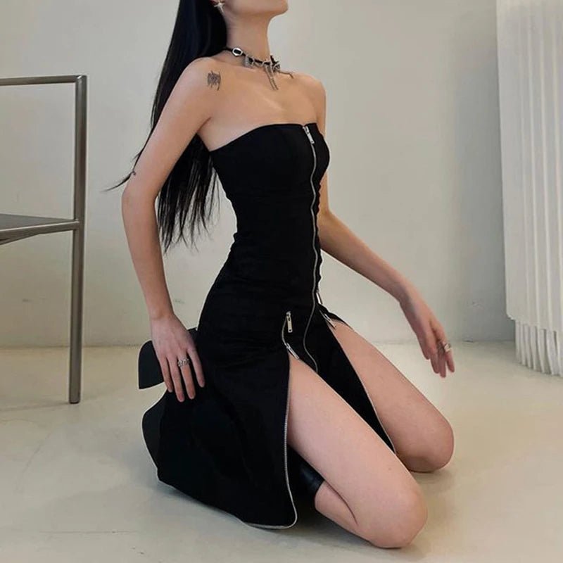 Goth Dark Techwear Zip Up Midi Dress - ATLAS 1