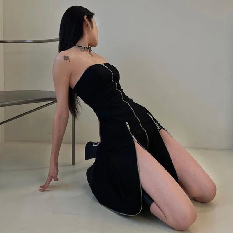 Goth Dark Techwear Zip Up Midi Dress - ATLAS 1