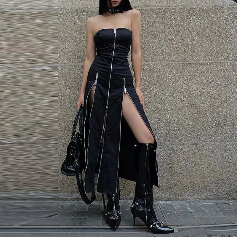 Goth Dark Techwear Zip Up Midi Dress - ATLAS 1