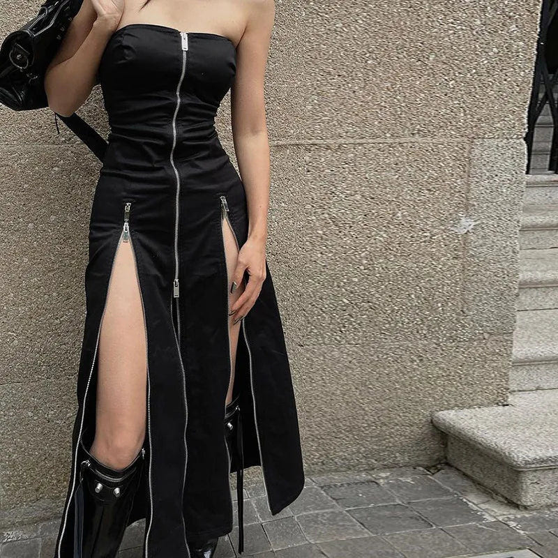 Goth Dark Techwear Zip Up Midi Dress - ATLAS 1