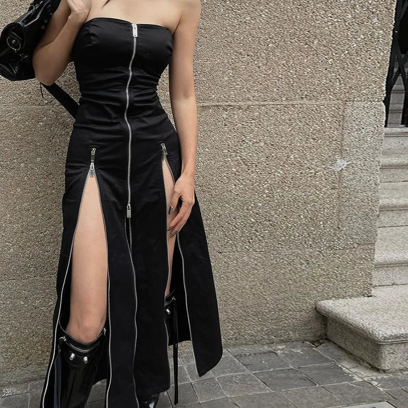 Goth Dark Techwear Zip Up Midi Dress - ATLAS 1