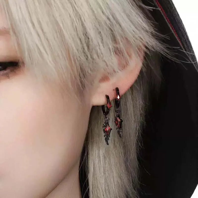 Gothic Black Feather Red Zircon Drop Earrings - ATLAS 1