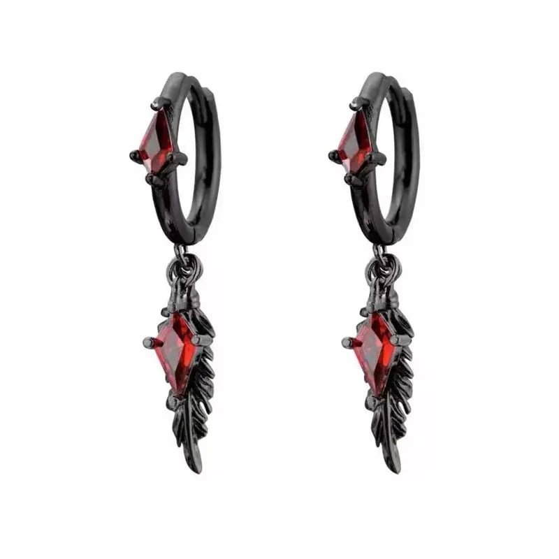 Gothic Black Feather Red Zircon Drop Earrings - ATLAS 1