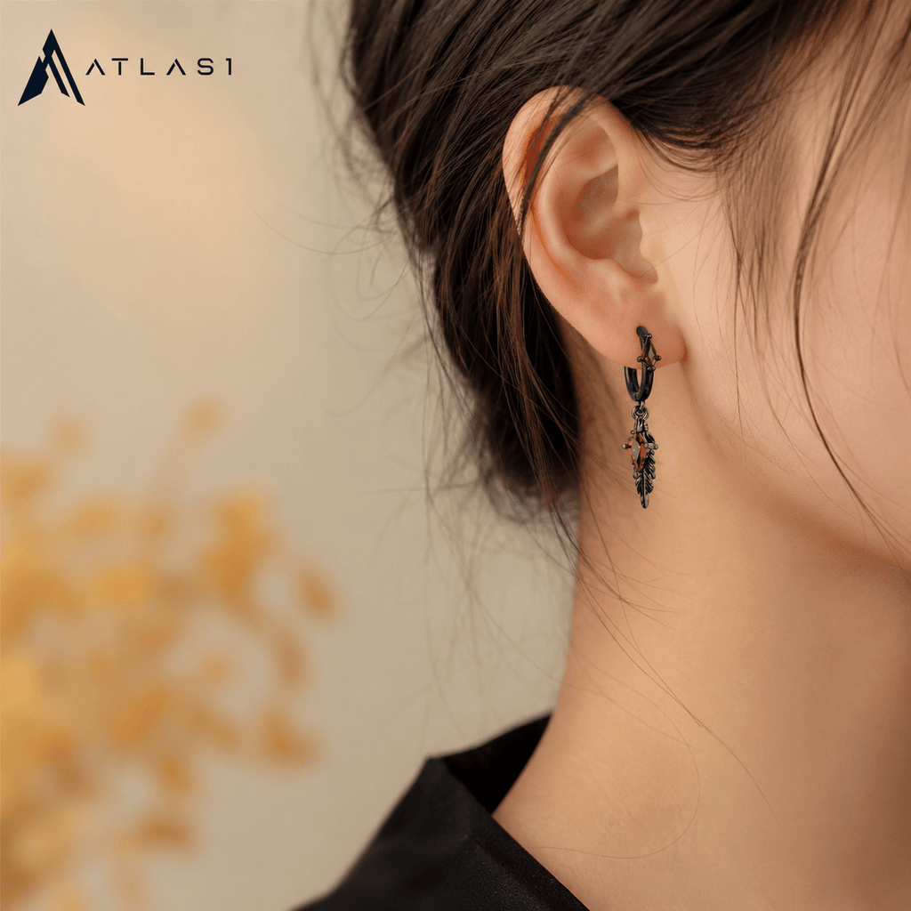 Gothic Black Feather Red Zircon Drop Earrings - ATLAS 1