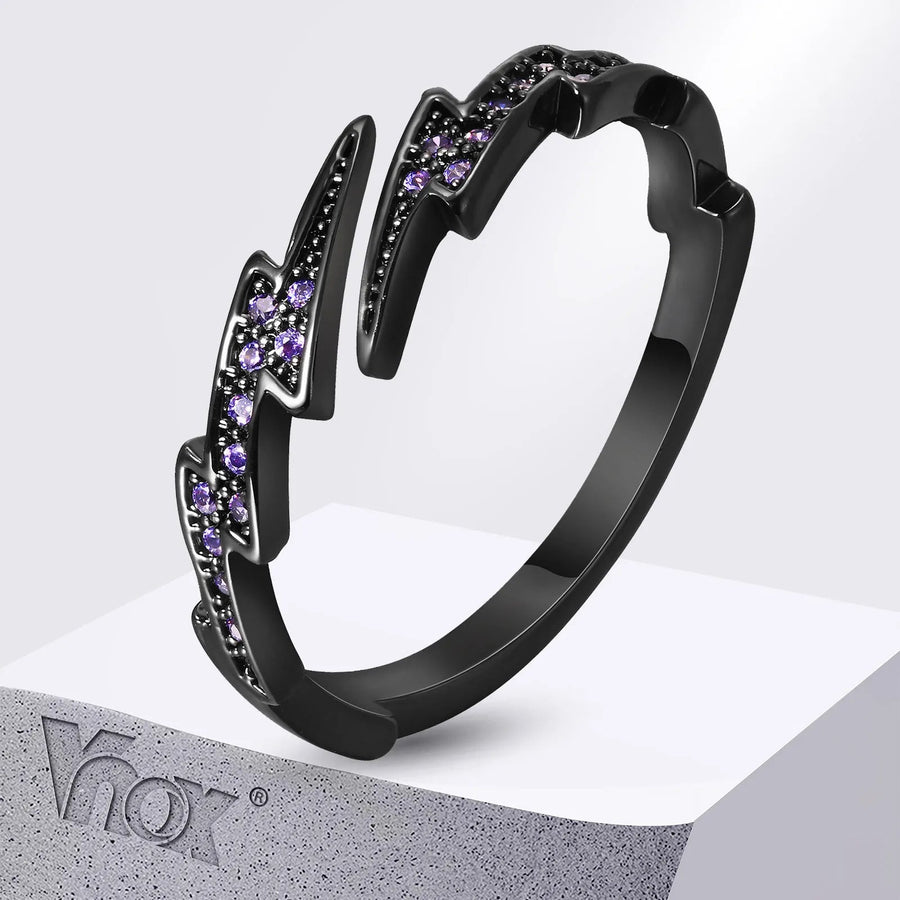 Gothic Black Lightning Purple Stone Open Ring — Verstelbaar ontwerp om de pasvorm aan te passen
