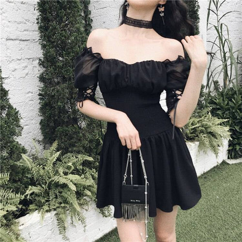 Gothic High Waist A-Line Puff Sleeve Techwear Dress