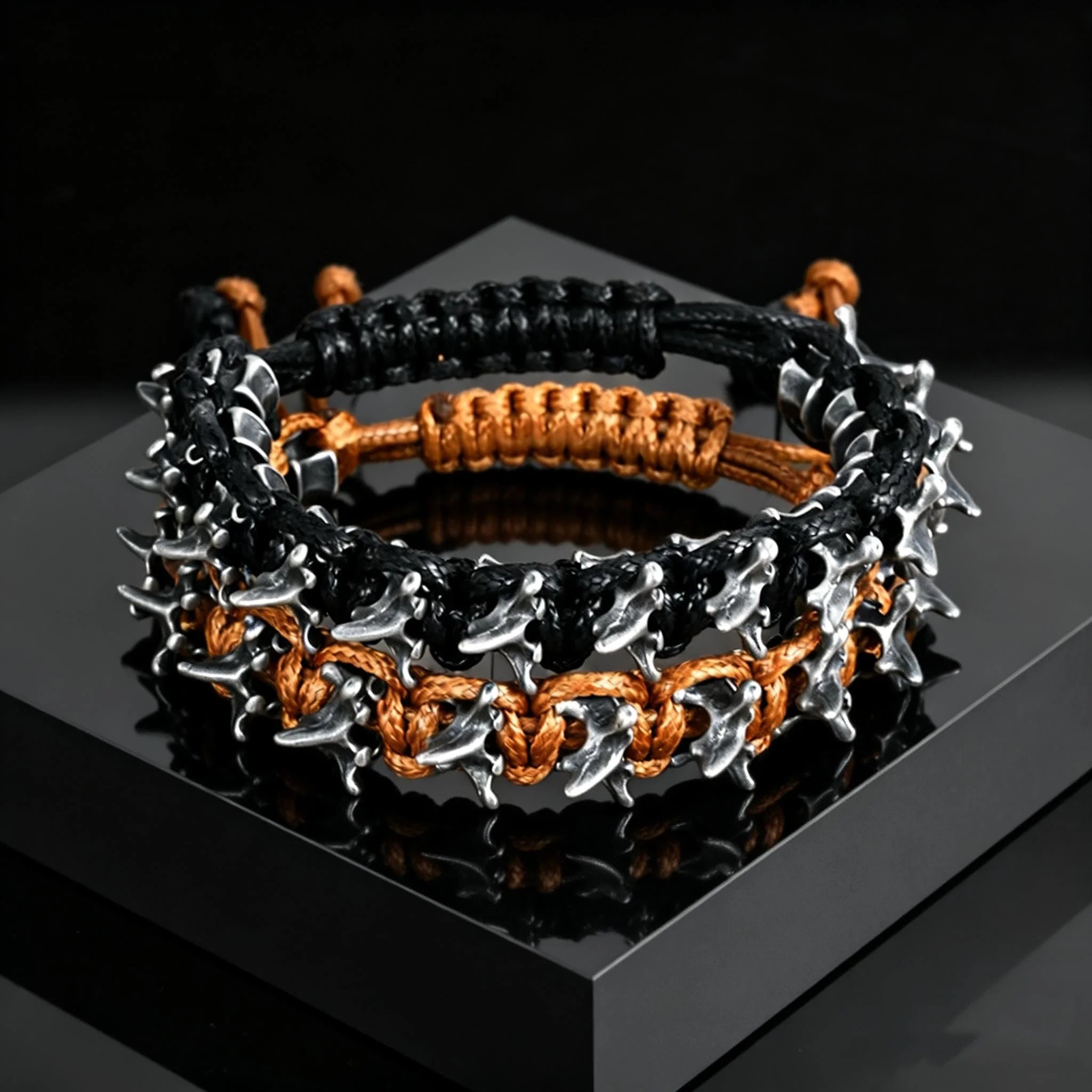 Gothic Metal Dragon Thorn Woven Rope Bracelet - ATLAS 1