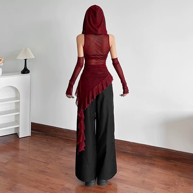 हुडेड Y2K Cyber Grunge टॉप — ठोस रंग डिजाइन