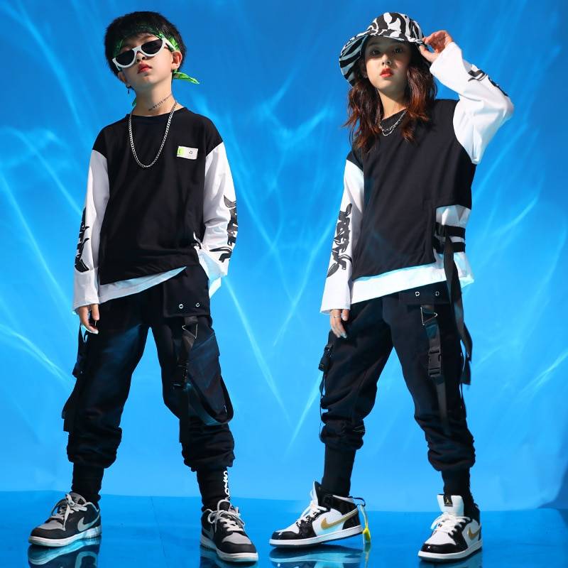 Kid's Black and White Techwear Sweatshirt and Cargo Pants Set - ATLAS 1
