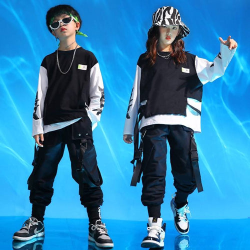 Kid's Black and White Techwear Sweatshirt and Cargo Pants Set - ATLAS 1