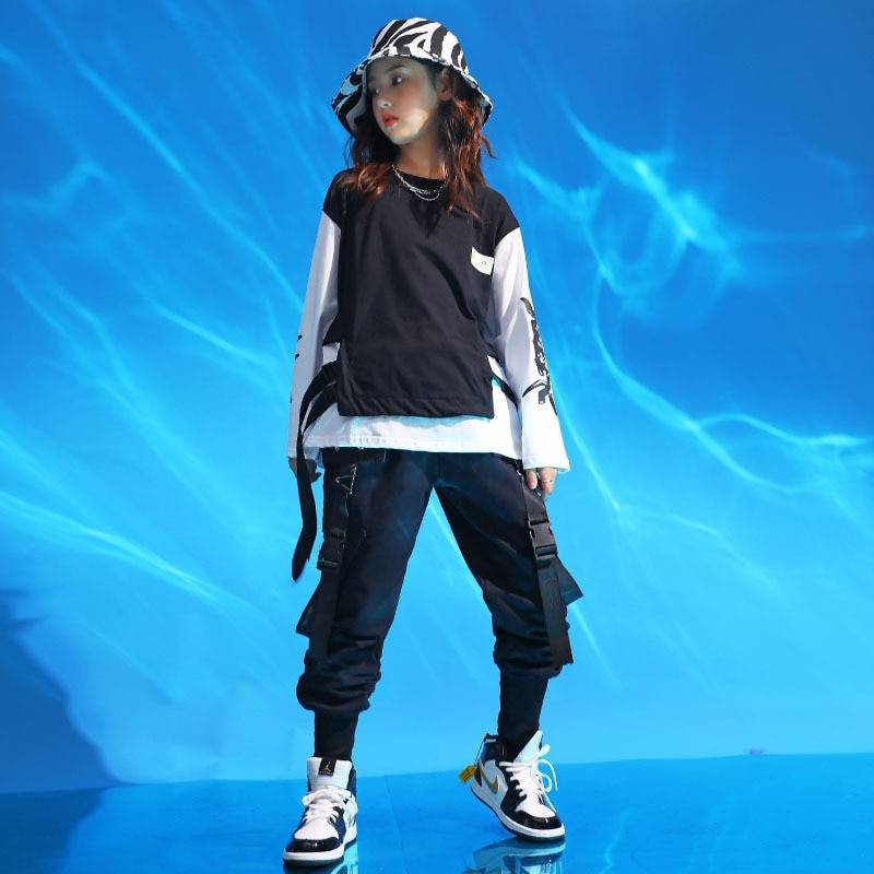 Kid's Black and White Techwear Sweatshirt and Cargo Pants Set - ATLAS 1