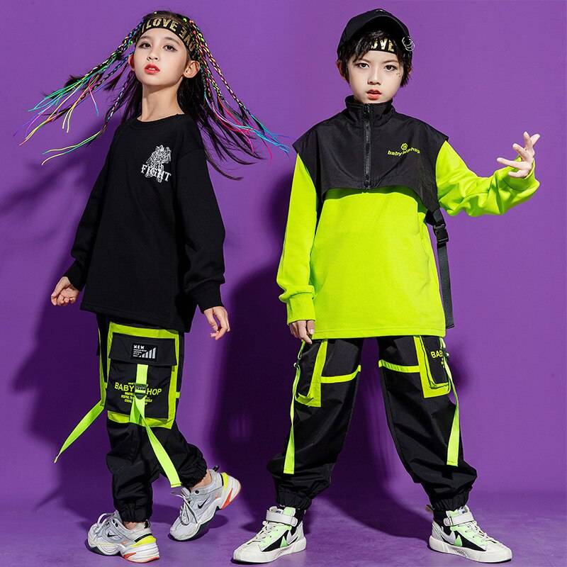 Kid's Neon Green Color Block Techwear Sweatshirt and Pants Set — Full-length leg