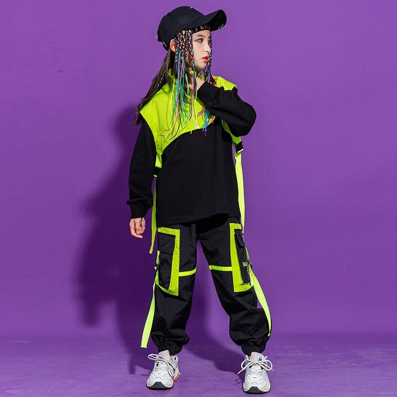 Kid's Neon Green Color Block Techwear Sweatshirt and Pants Set - ATLAS 1