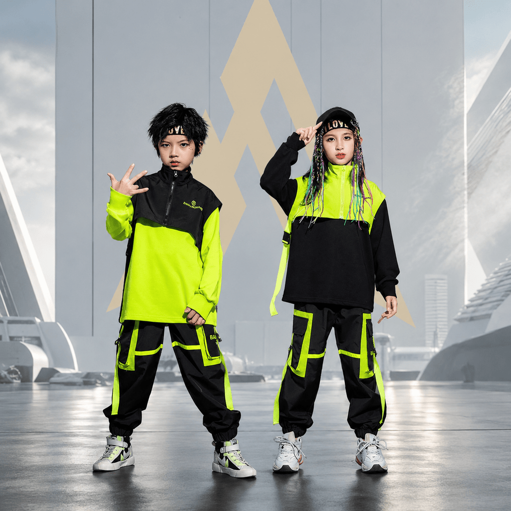 Kid's Neon Green Color Block Techwear Sweatshirt and Pants Set - ATLAS 1