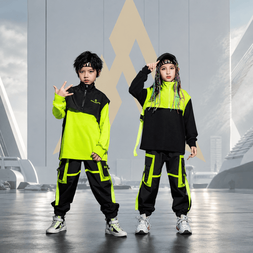 Kid's Neon Green Color Block Techwear Sweatshirt and Pants Set - ATLAS 1