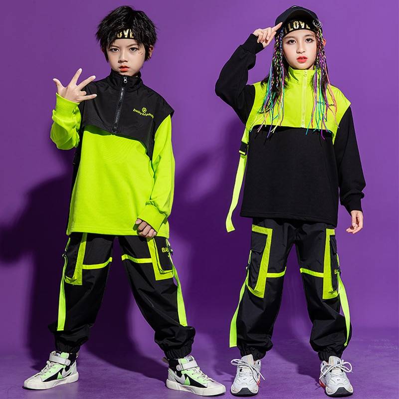 Kid's Neon Green Color Block Techwear Sweatshirt and Pants Set - ATLAS 1