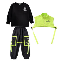 Kid's Neon Green Color Block Techwear Sweatshirt and Pants Set - ATLAS 1