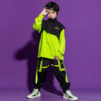 Kid's Neon Green Color Block Techwear Sweatshirt and Pants Set - ATLAS 1