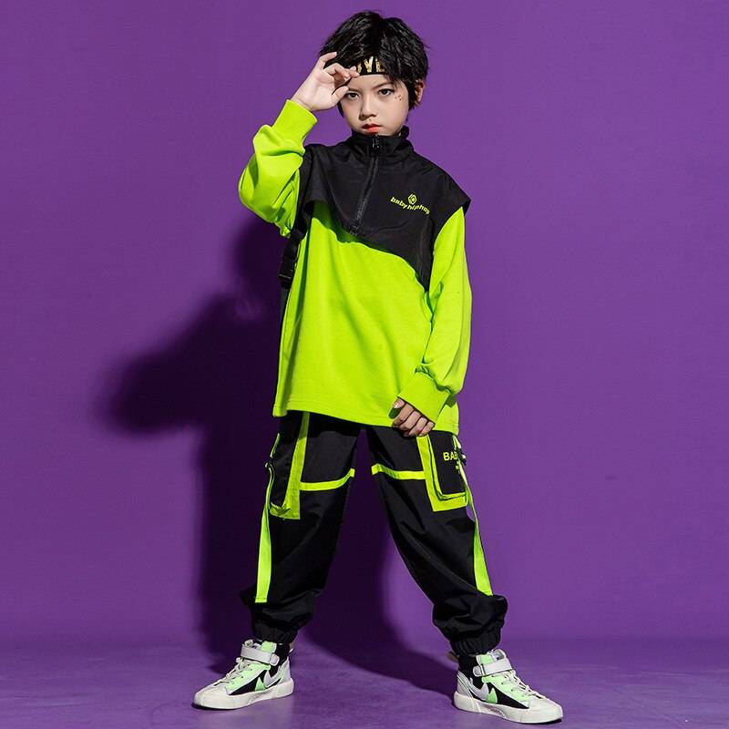 Kid's Neon Green Color Block Techwear Sweatshirt and Pants Set — Long-sleeve cut