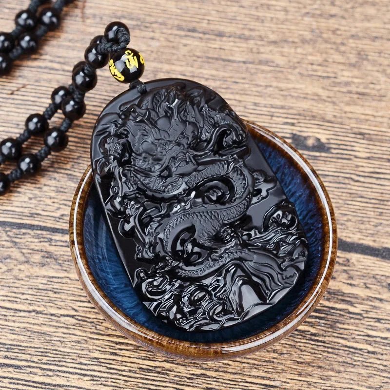 Men Obsidian Zodiac Dragon Pendant Necklace - ATLAS 1