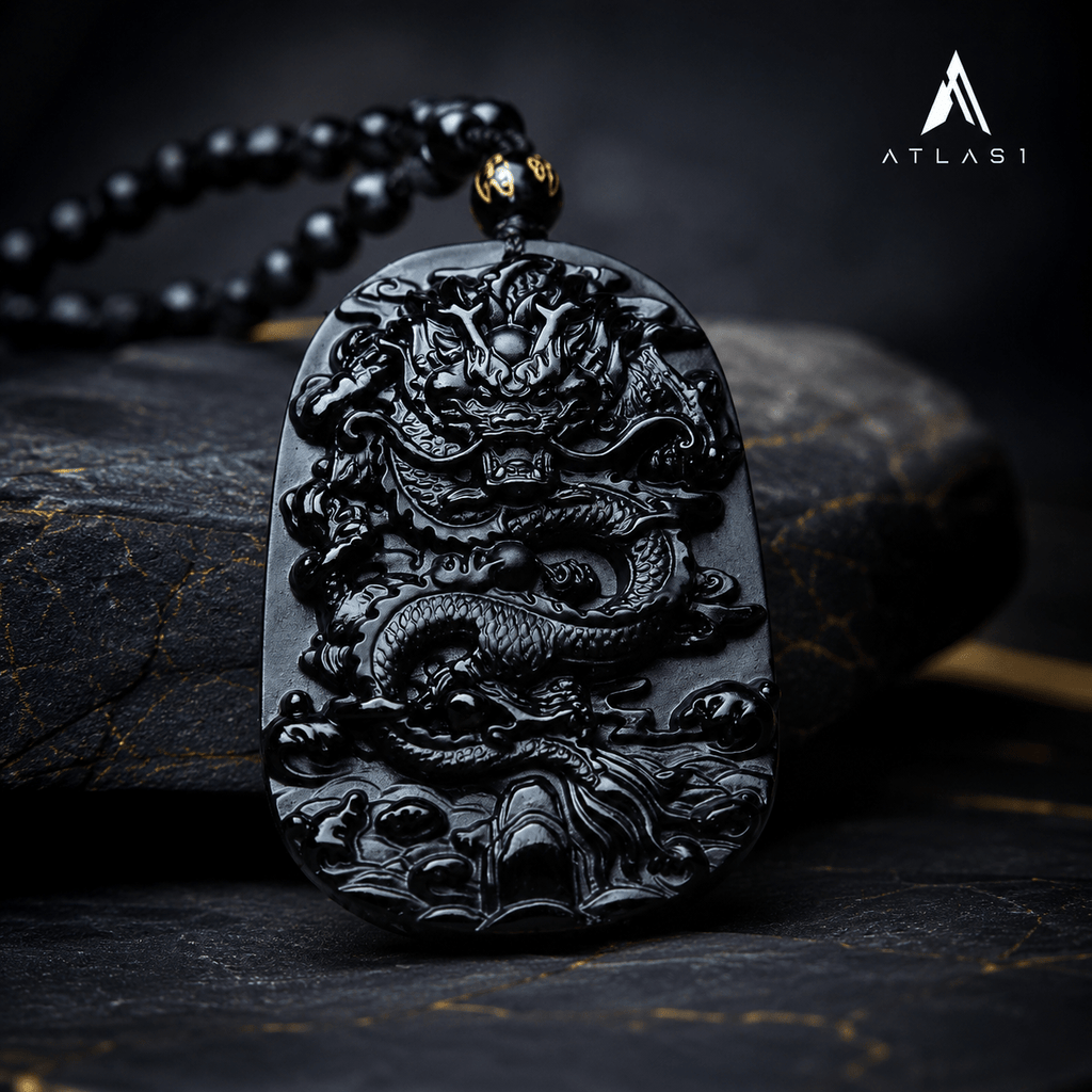 Men Obsidian Zodiac Dragon Pendant Necklace - ATLAS 1