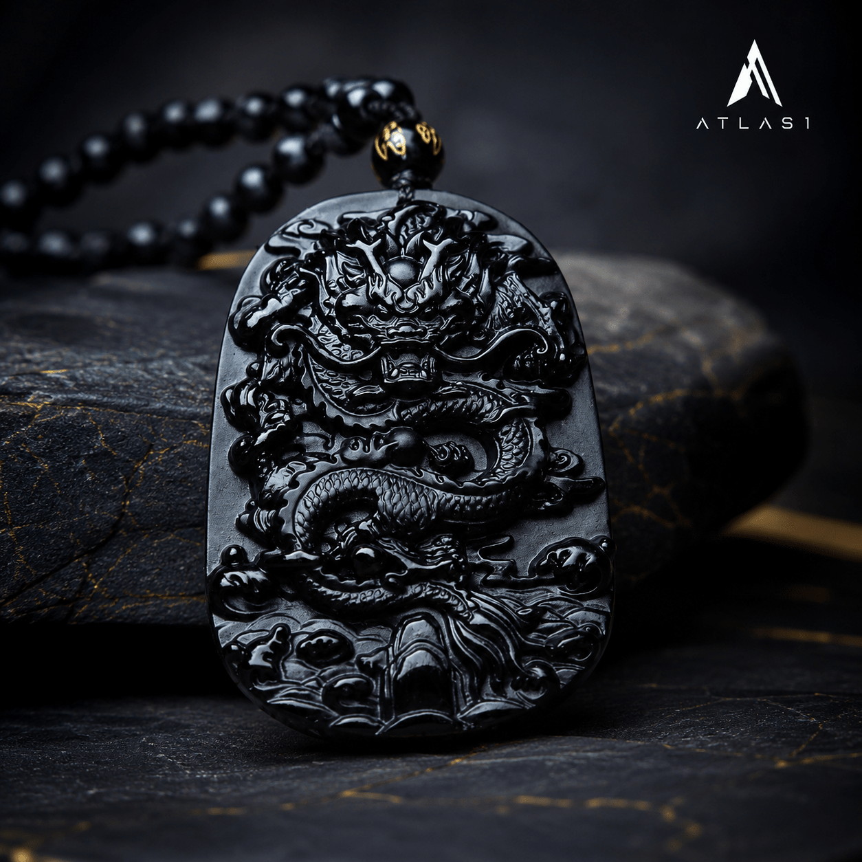 Men Obsidian Zodiac Dragon Pendant Necklace - ATLAS 1