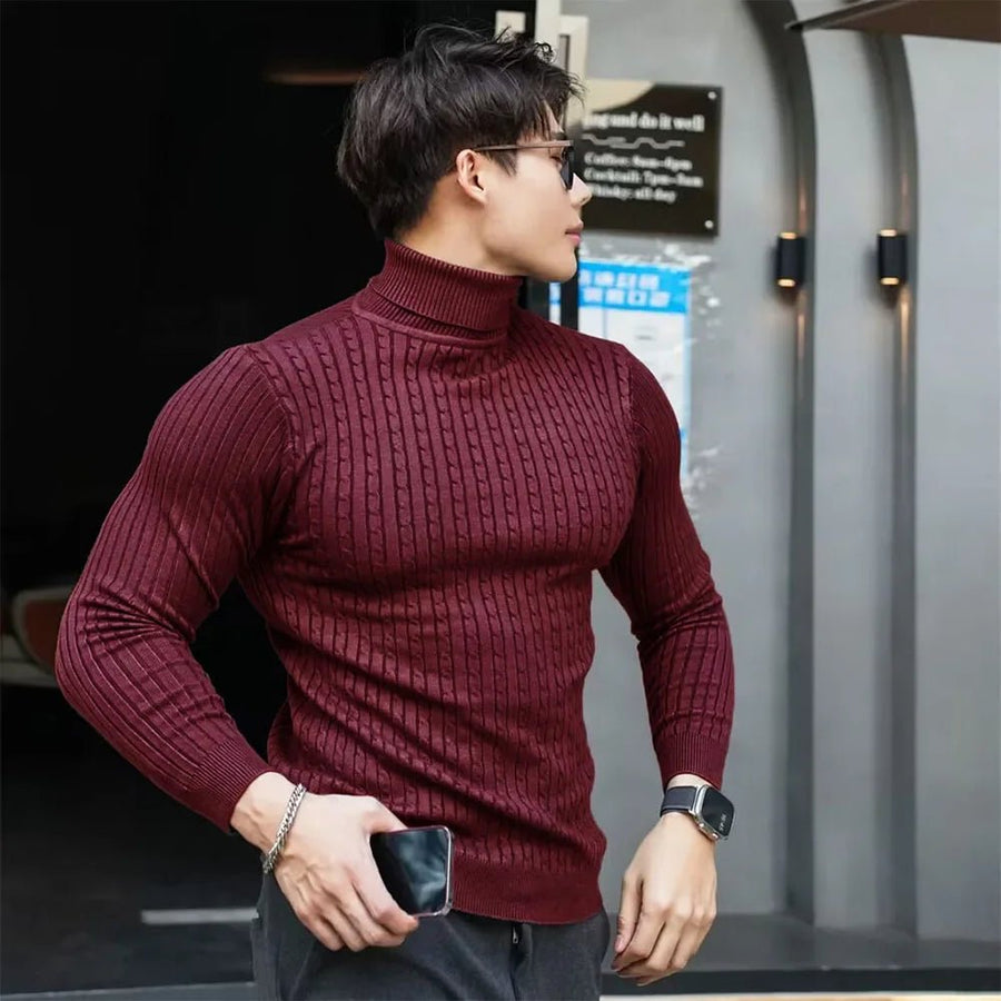 Męski Sweter Streetwear w Paski z Golfem — Regularny krój