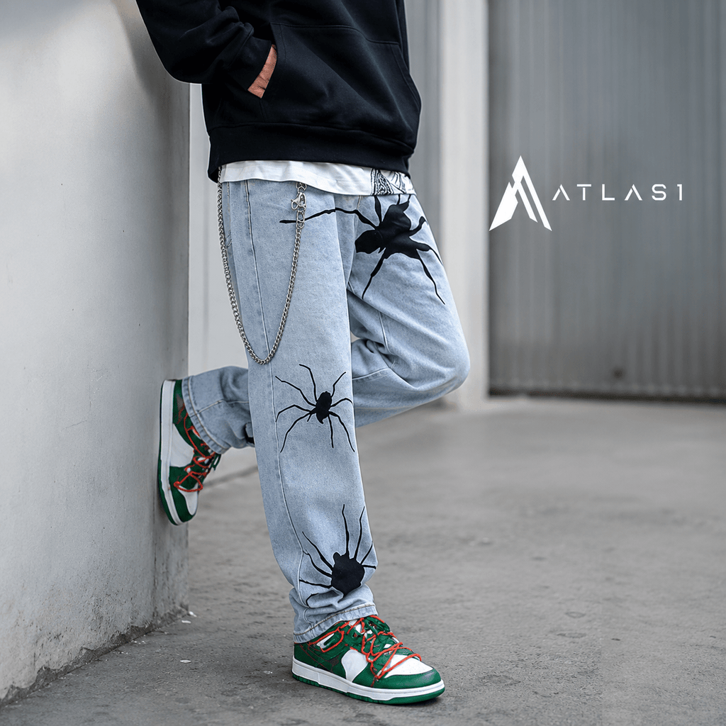 Men's Black Spider Washed Color Streetwear Jeans - ATLAS 1