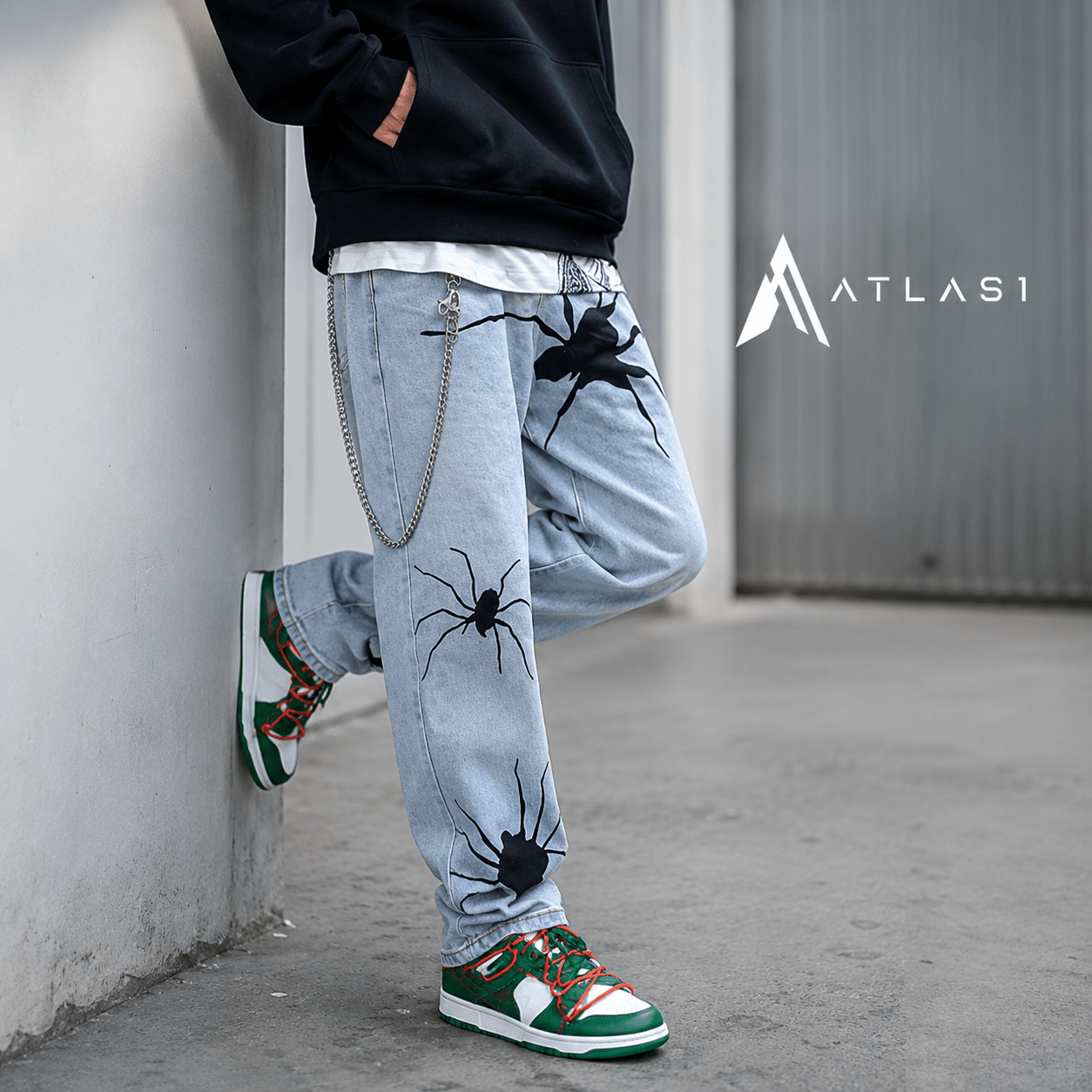 Men's Black Spider Washed Color Streetwear Jeans - ATLAS 1