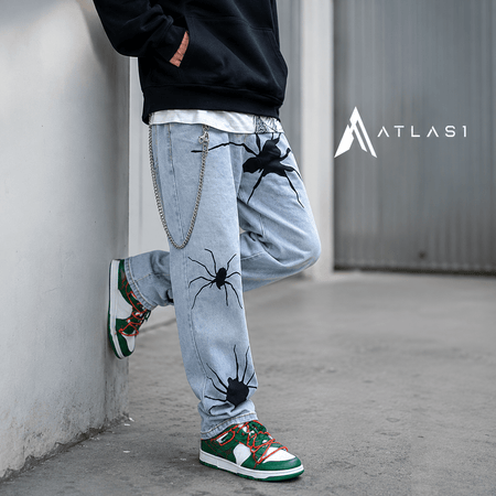 Herr Svart Spider Washed Streetwear Jeans
