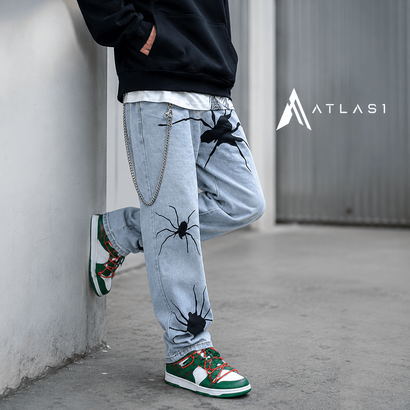 Men's Black Spider Washed Color Streetwear Jeans - ATLAS 1