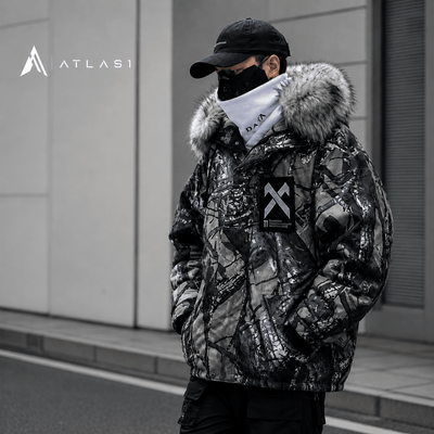 男款迷彩印花超大 techwear 派克大衣